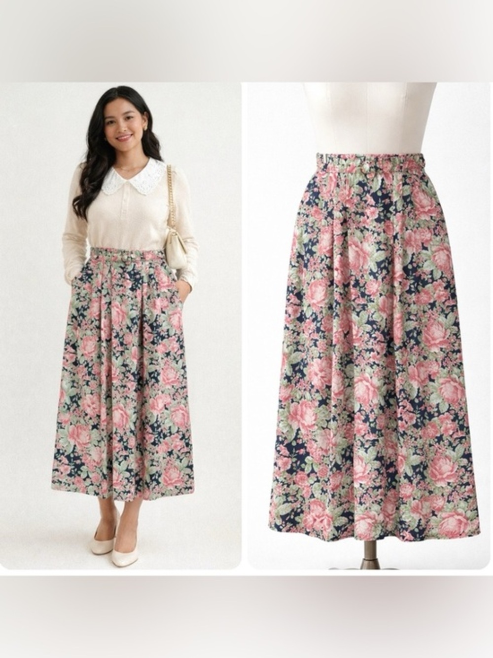 Evan Picone 80s Floral Pleated Tea Length Midi Skirt with Belt & Pockets Size 4